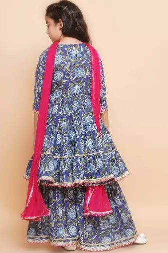 Girls floral printed regular pure cotton kurta with sharara & dupatta