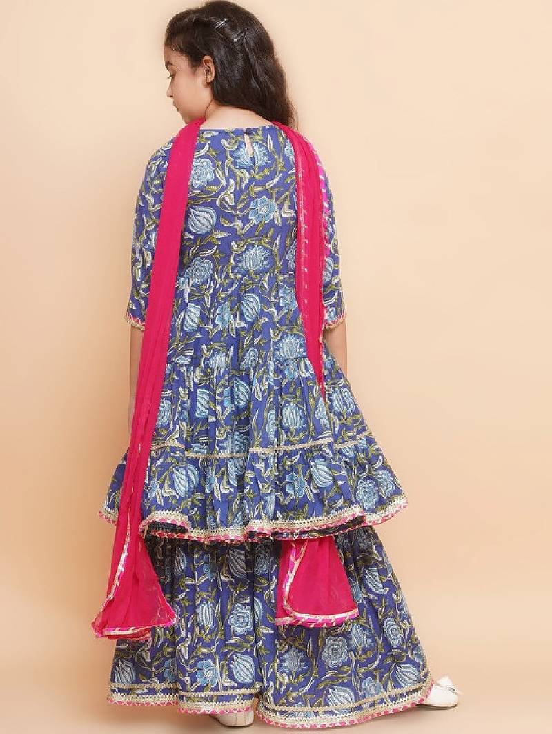 Girls floral printed regular pure cotton kurta with sharara & dupatta
