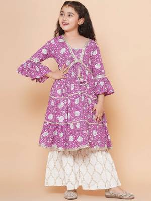 Girls floral printed bell sleeves gotta patti angrakha kurta with sharara 1