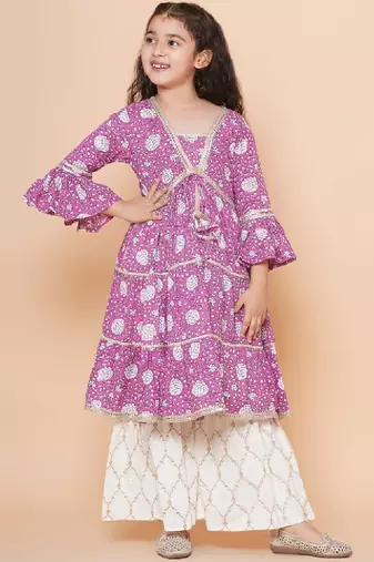 Girls floral printed bell sleeves gotta patti angrakha kurta with sharara