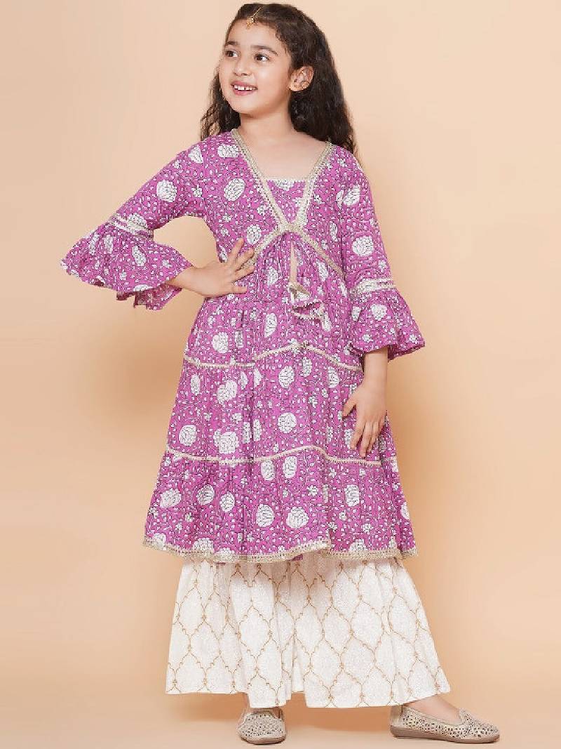 Girls floral printed bell sleeves gotta patti angrakha kurta with sharara