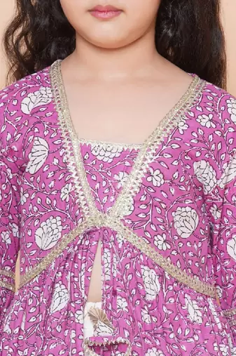 Girls floral printed bell sleeves gotta patti angrakha kurta with sharara