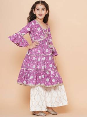 Girls floral printed bell sleeves gotta patti angrakha kurta with sharara 3