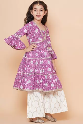 Girls floral printed bell sleeves gotta patti angrakha kurta with sharara