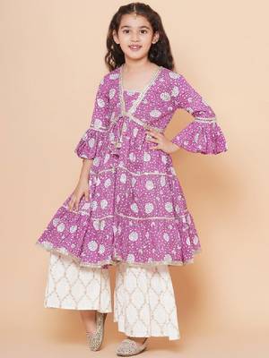 Girls floral printed bell sleeves gotta patti angrakha kurta with sharara 4