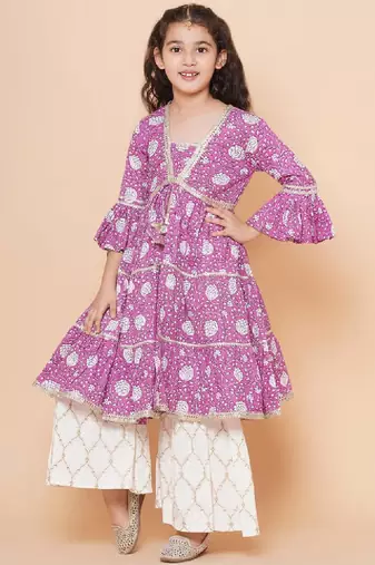 Girls floral printed bell sleeves gotta patti angrakha kurta with sharara