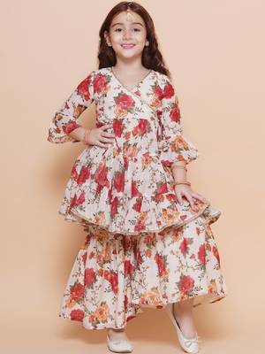 Girls floral printed tiered anarkali sequinned kurta with sharara 1