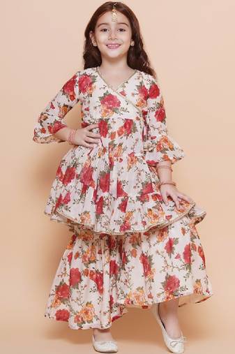 Girls floral printed tiered anarkali sequinned kurta with sharara