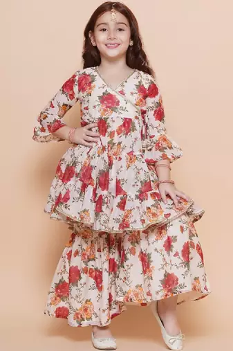 Girls floral printed tiered anarkali sequinned kurta with sharara
