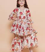 Girls floral printed tiered anarkali sequinned kurta with sharara