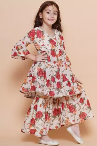 Girls floral printed tiered anarkali sequinned kurta with sharara