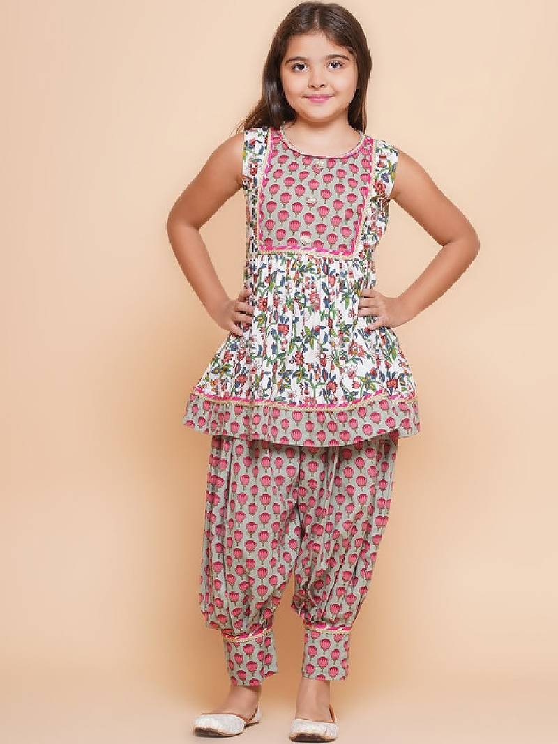 Girls floral printed pure cotton anarkali kurta with harem pant