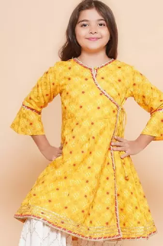 Girls ethnic motifs printed angrakha gotta patti pure cotton kurta with sharara