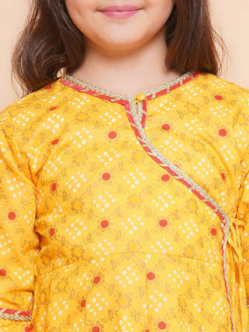 Girls ethnic motifs printed angrakha gotta patti pure cotton kurta with sharara