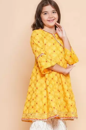 Girls ethnic motifs printed angrakha gotta patti pure cotton kurta with sharara