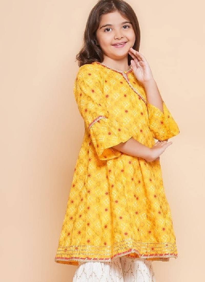 Girls ethnic motifs printed angrakha gotta patti pure cotton kurta with sharara