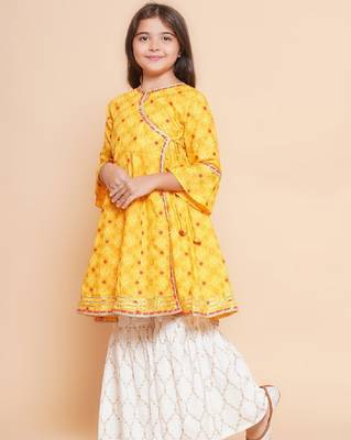 Girls ethnic motifs printed angrakha gotta patti pure cotton kurta with sharara 4