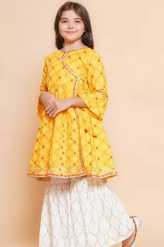 Girls ethnic motifs printed angrakha gotta patti pure cotton kurta with sharara