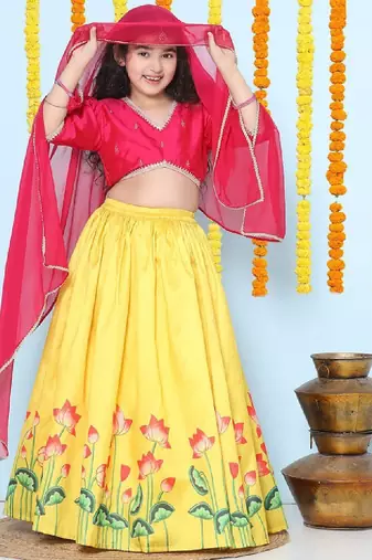 Girls embroidered v-neck ready to wear lehenga & blouse with dupatta