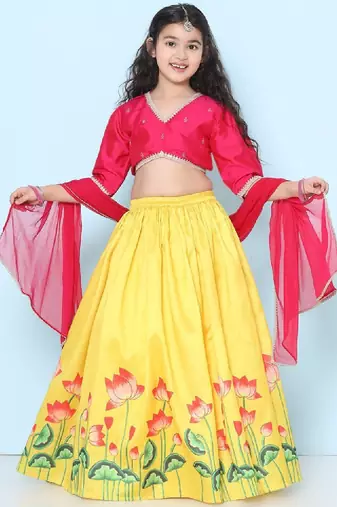 Girls embroidered v-neck ready to wear lehenga & blouse with dupatta