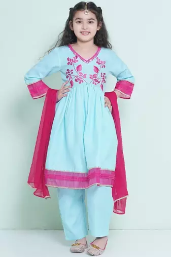 Girls floral embroidered sequinned anarkali kurta with trousers & dupatta