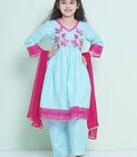 Girls floral embroidered sequinned anarkali kurta with trousers & dupatta