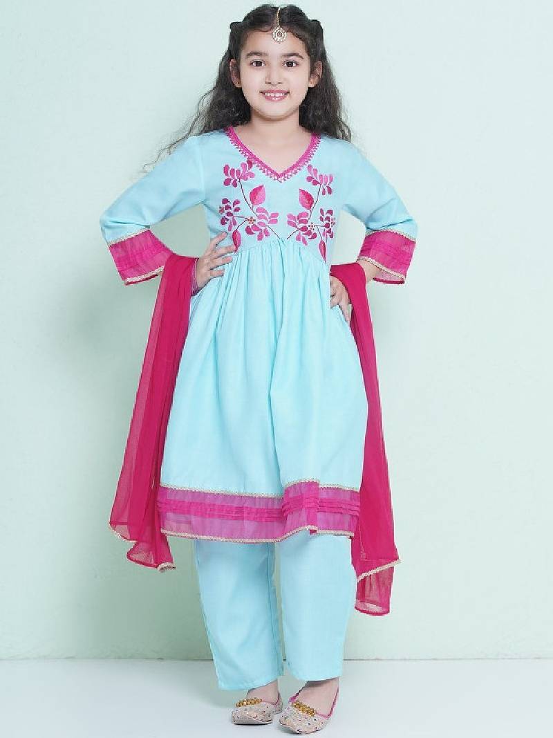 Girls floral embroidered sequinned anarkali kurta with trousers & dupatta