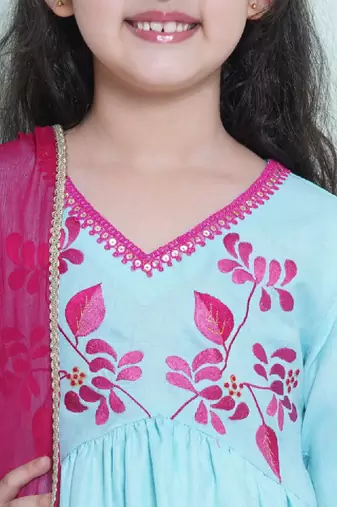 Girls floral embroidered sequinned anarkali kurta with trousers & dupatta