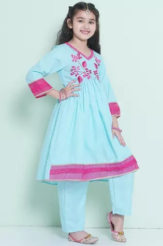 Girls floral embroidered sequinned anarkali kurta with trousers & dupatta