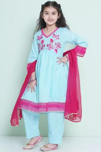 Girls floral embroidered sequinned anarkali kurta with trousers & dupatta