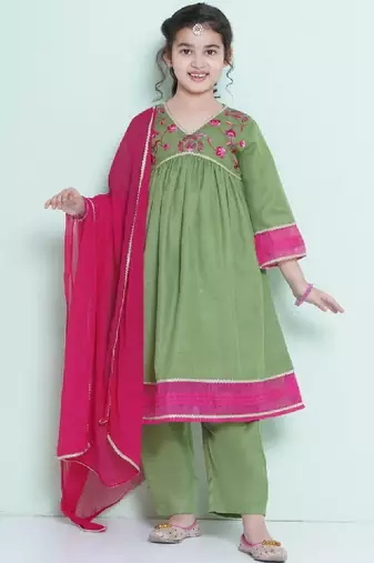 Girls floral embroidered anarkali kurta with trousers & dupatta
