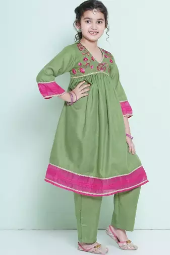 Girls floral embroidered anarkali kurta with trousers & dupatta