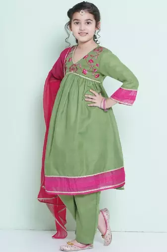 Girls floral embroidered anarkali kurta with trousers & dupatta