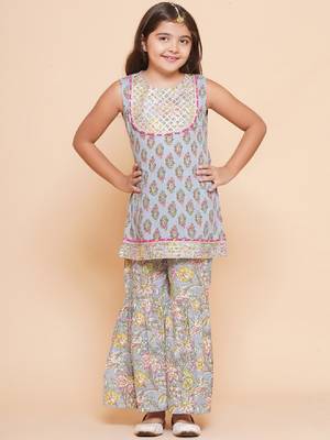 Girls ethnic motifs printed gotta patti pure cotton kurta with sharara 1