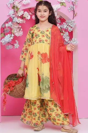 Girls floral printed v-neck anarkali kurta with sharara & dupatta