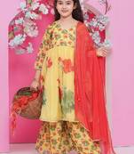 Girls floral printed v-neck anarkali kurta with sharara & dupatta