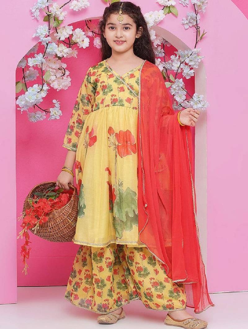 Girls floral printed v-neck anarkali kurta with sharara & dupatta