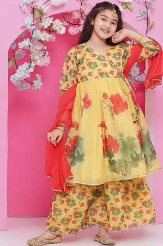 Girls floral printed v-neck anarkali kurta with sharara & dupatta