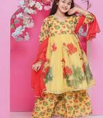 Girls floral printed v-neck anarkali kurta with sharara & dupatta