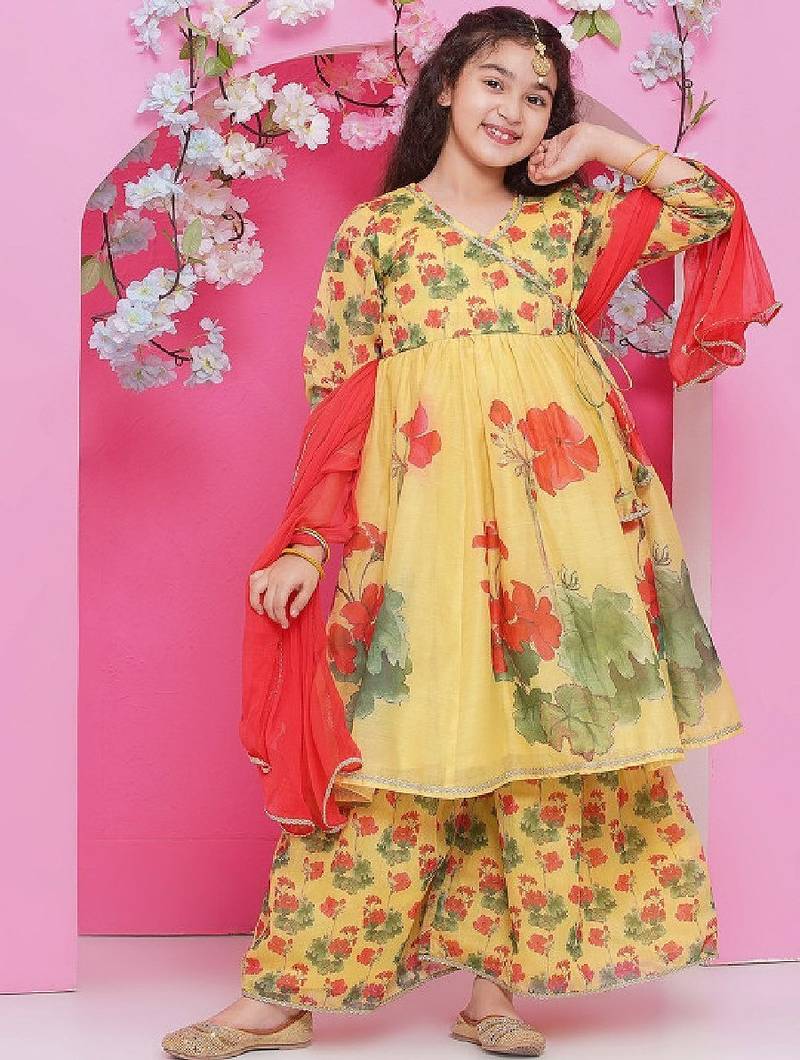 Girls floral printed v-neck anarkali kurta with sharara & dupatta