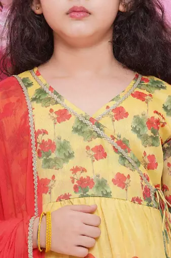 Girls floral printed v-neck anarkali kurta with sharara & dupatta