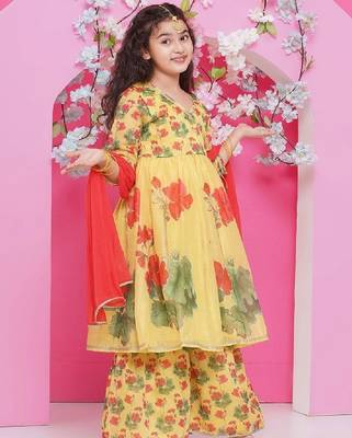 Girls floral printed v-neck anarkali kurta with sharara & dupatta 3