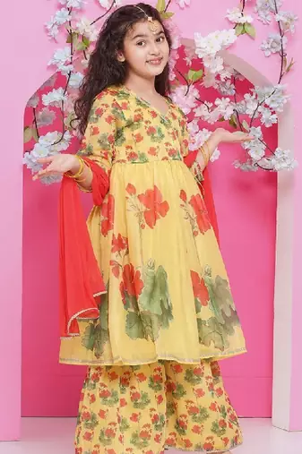 Girls floral printed v-neck anarkali kurta with sharara & dupatta