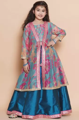 Girls printed sequinned ready to wear lehenga with blouse & shrug