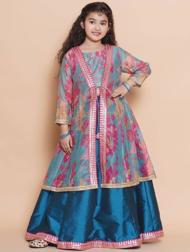 Girls printed sequinned ready to wear lehenga with blouse & shrug