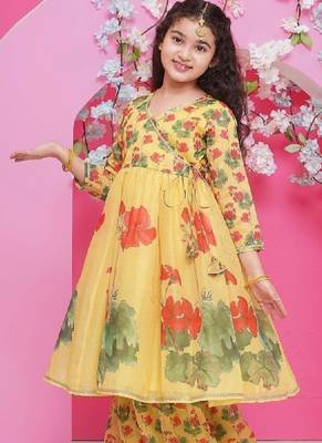 Girls floral printed v-neck anarkali kurta with sharara & dupatta 4