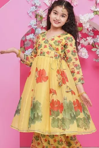 Girls floral printed v-neck anarkali kurta with sharara & dupatta