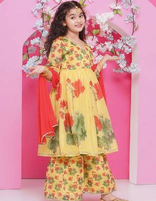 Girls floral printed v-neck anarkali kurta with sharara & dupatta 3