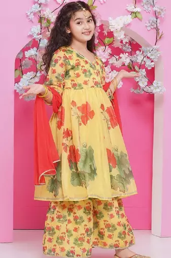 Girls floral printed v-neck anarkali kurta with sharara & dupatta