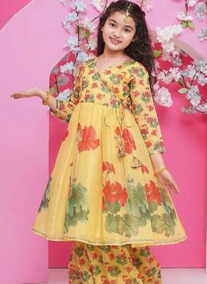 Girls floral printed v-neck anarkali kurta with sharara & dupatta 4